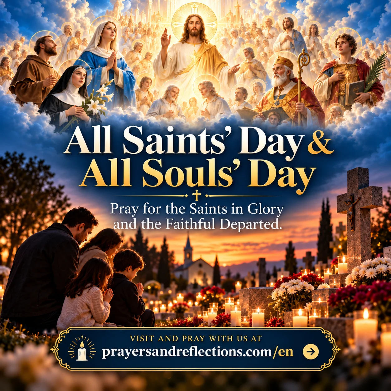 All Saints’ Day and All Souls’ Day — Jesus, Mary and the saints above a family praying at a cemetery
