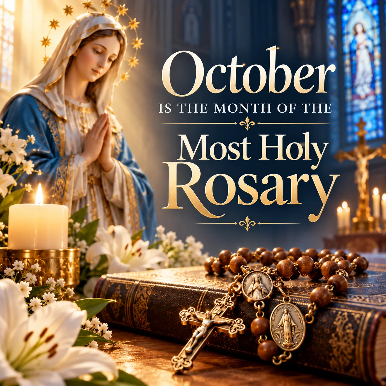October is the Month of the Most Holy Rosary — Mary in prayer with a rosary and Bible